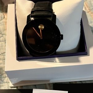 Movido “Bold” all blk w gold dial and blk lthr band